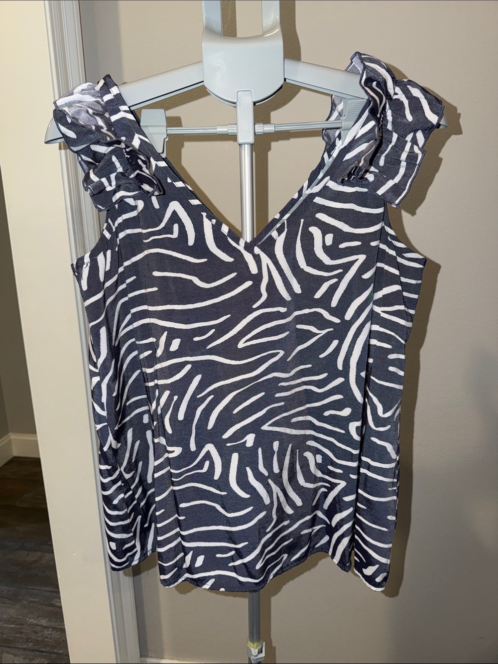 Mud Pie Gray and White Zebra Ruffle Strap V-Neck Blouse